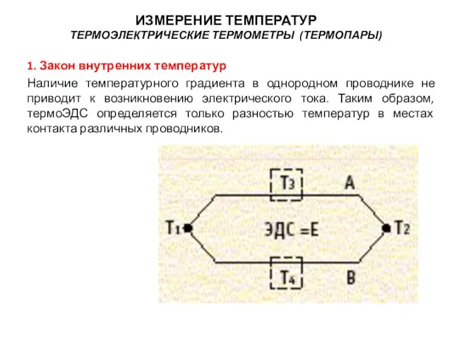 1. Закон внутренних температур Наличие температурного градиента в однородном проводнике не