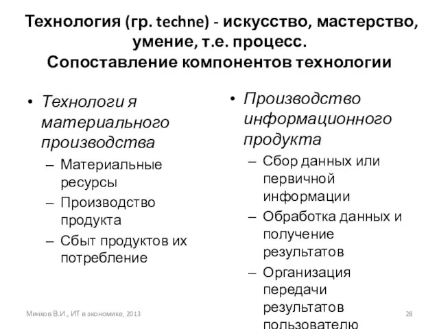 Технология (гр. techne) - искусство, мастерство, умение, т.е. процесс. Сопоставление компонентов