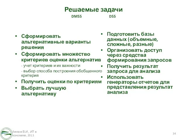 Минков В.И., ИТ в зкономике, 2013 Решаемые задачи DMSS DSS Сформировать