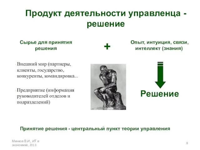 Минков В.И., ИТ в зкономике, 2013 Продукт деятельности управленца - решение