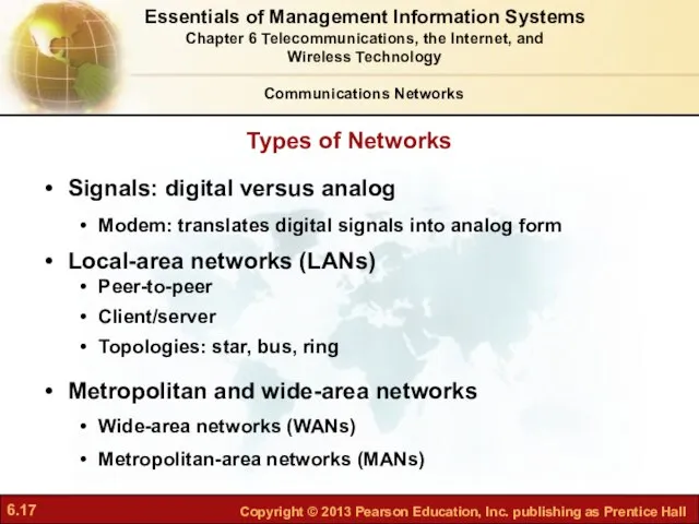Types of Networks Signals: digital versus analog Modem: translates digital signals
