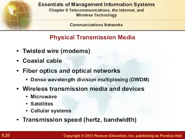 Twisted wire (modems) Coaxial cable Fiber optics and optical networks Dense