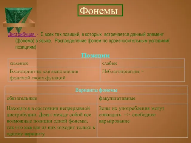 Фонемы Дистрибуция - Σ всех тех позиций, в которых встречается данный