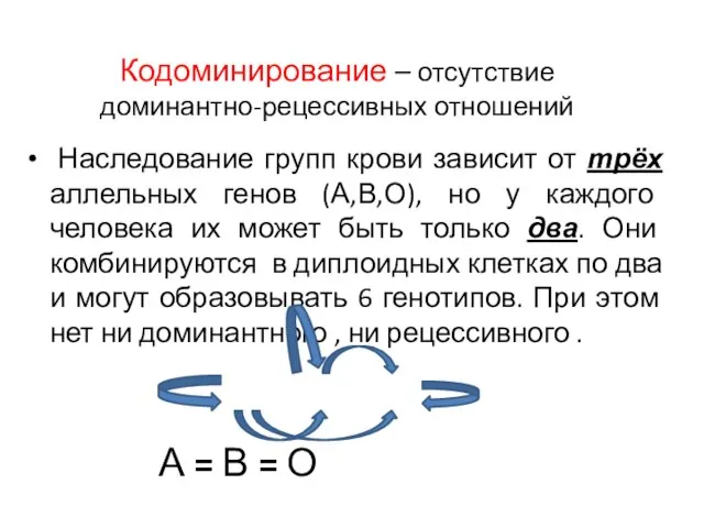 Кодоминирование – отсутствие доминантно-рецессивных отношений Наследование групп крови зависит от трёх