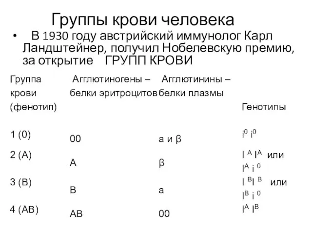 Группы крови человека В 1930 году австрийский иммунолог Карл Ландштейнер, получил