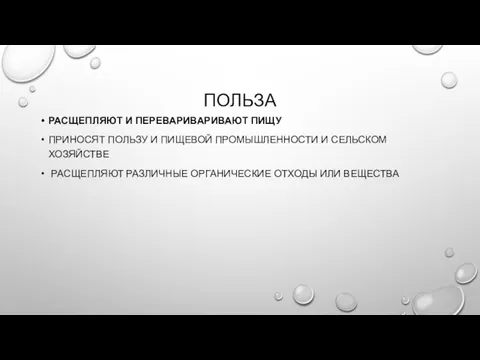 ПОЛЬЗА РАСЩЕПЛЯЮТ И ПЕРЕВАРИВАРИВАЮТ ПИЩУ ПРИНОСЯТ ПОЛЬЗУ И ПИЩЕВОЙ ПРОМЫШЛЕННОСТИ И