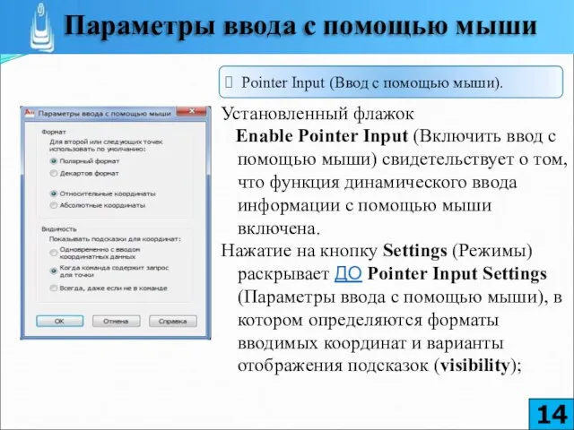 Установленный флажок Enable Pointer Input (Включить ввод с помощью мыши) свидетельствует