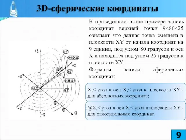 В приведенном выше примере запись координат верхней точки 9 Форматы записи сферических координат: