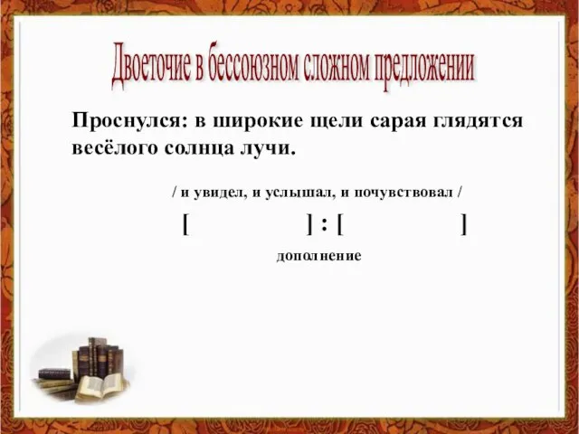 Двоеточие в бессоюзном сложном предложении Проснулся: в широкие щели сарая глядятся