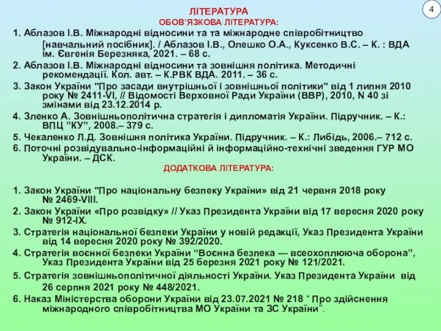 ЛІТЕРАТУРА ОБОВ’ЯЗКОВА ЛІТЕРАТУРА: 1. Аблазов І.В. Міжнародні відносини та та міжнародне