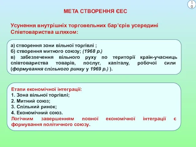 МЕТА СТВОРЕННЯ ЄЕС Усунення внутрішніх торговельних бар’єрів усередині Співтовариства шляхом: Етапи