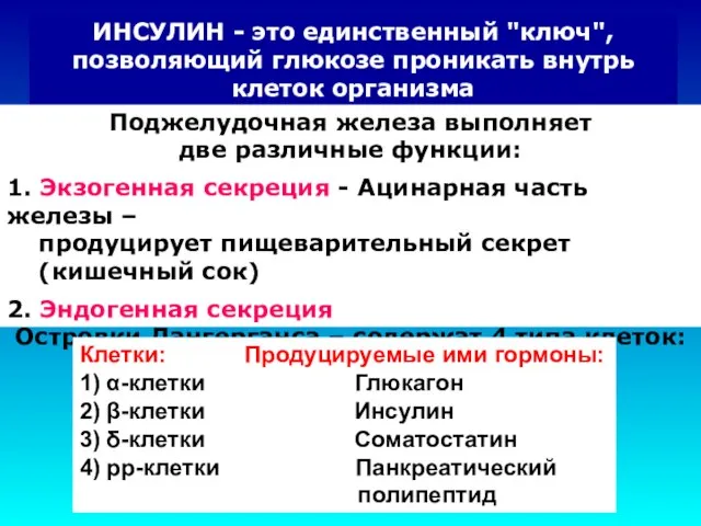 ИНСУЛИН - это единственный "ключ", позволяющий глюкозе проникать внутрь клеток организма