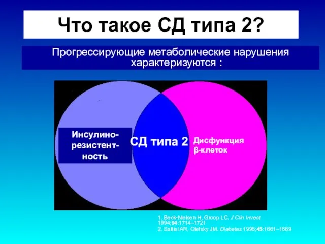 Что такое СД типа 2? Прогрессирующие метаболические нарушения характеризуются : Инсулино-резистент-ность