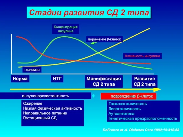 DeFronzo et al. Diabetes Care 1992;15:318-68 Стадии развития СД 2 типа