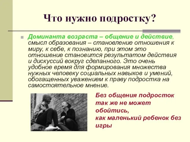 Что нужно подростку? Доминанта возраста – общение и действие, смысл образования