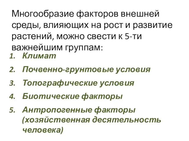 Климат Почвенно-грунтовые условия Топографические условия Биотические факторы Антропогенные факторы (хозяйственная десятельность