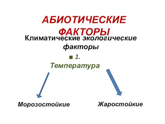 Климатические экологические факторы ■ 1. Температура Морозостойкие Жаростойкие АБИОТИЧЕСКИЕ ФАКТОРЫ