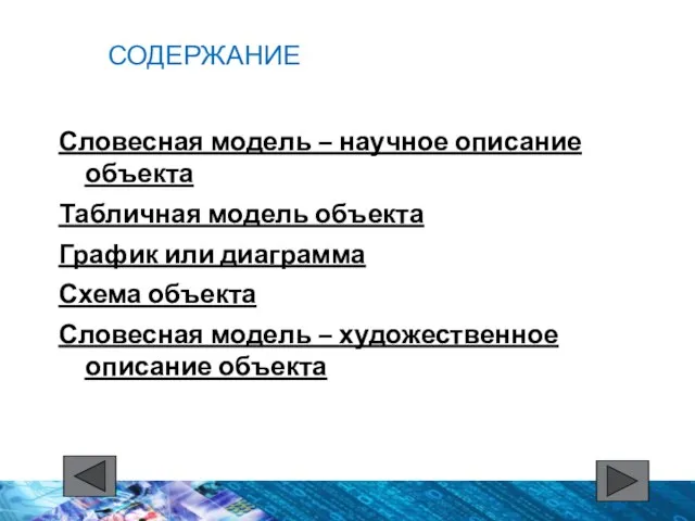 СОДЕРЖАНИЕ Словесная модель – научное описание объекта Табличная модель объекта График