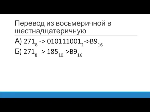 Перевод из восьмеричной в шестнадцатеричную А) 2718 -> 0101110012->B916 Б) 2718 -> 18510->B916