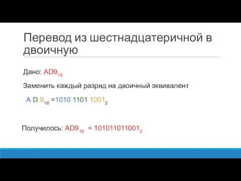 Перевод из шестнадцатеричной в двоичную Заменить каждый разряд на двоичный эквивалент