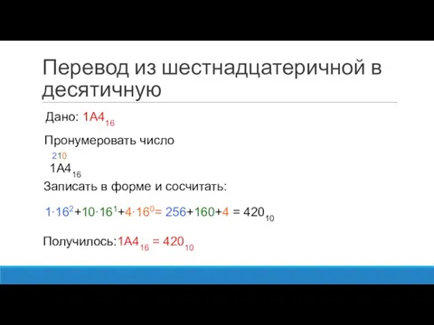 Перевод из шестнадцатеричной в десятичную 1А416 Пронумеровать число Записать в форме