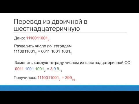 Перевод из двоичной в шестнадцатеричную 11100110012 = 0011 1001 10012 Разделить