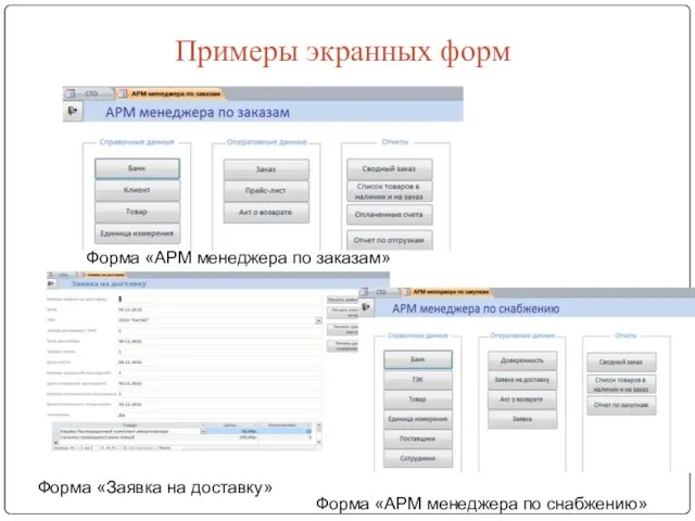 Примеры экранных форм Форма «Заявка на доставку» Форма «АРМ менеджера по