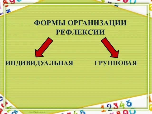 ФОРМЫ ОРГАНИЗАЦИИ РЕФЛЕКСИИ ИНДИВИДУАЛЬНАЯ ГРУППОВАЯ ФОРМЫ ОРГАНИЗАЦИИ РЕФЛЕКСИИ ИНДИВИДУАЛЬНАЯ