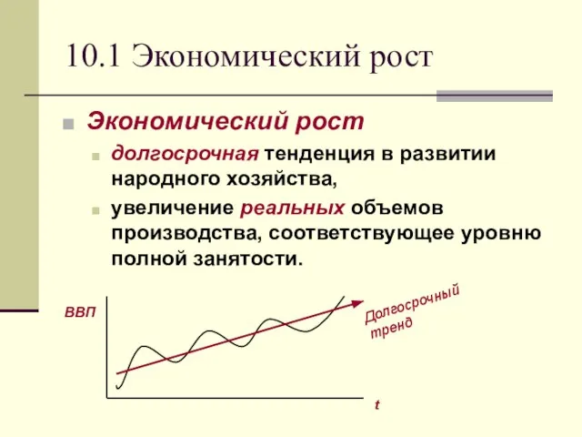 10.1 Экономический рост Экономический рост долгосрочная тенденция в развитии народного хозяйства,