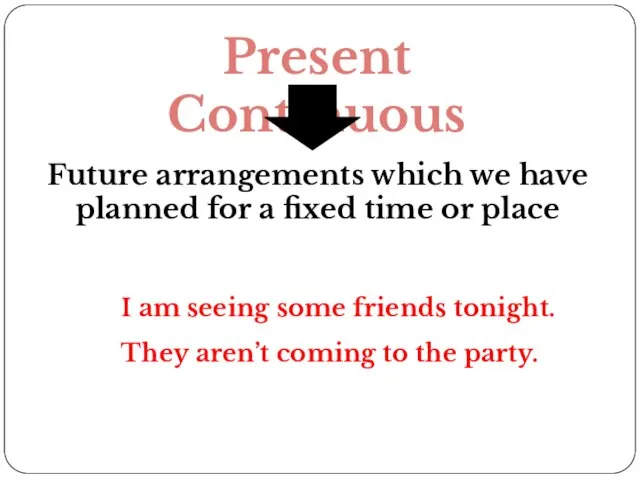 Present Continuous Future arrangements which we have planned for a fixed
