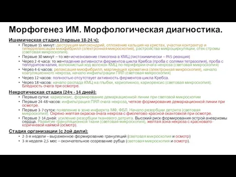 Морфогенез ИМ. Морфологическая диагностика. Ишемическая стадия (первые 18-24 ч): Первые 15