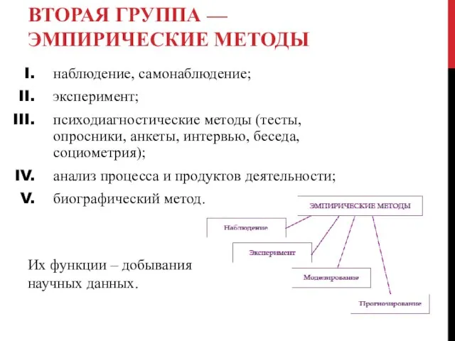 ВТОРАЯ ГРУППА — ЭМПИРИЧЕСКИЕ МЕТОДЫ наблюдение, самонаблюдение; эксперимент; психодиагностические методы (тесты,