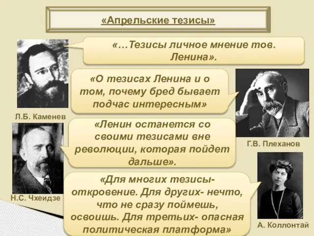 «Апрельские тезисы» Н.С. Чхеидзе Г.В. Плеханов Л.Б. Каменев «…Тезисы личное мнение