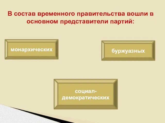 В состав временного правительства вошли в основном представители партий: монархических буржуазных социал-демократических