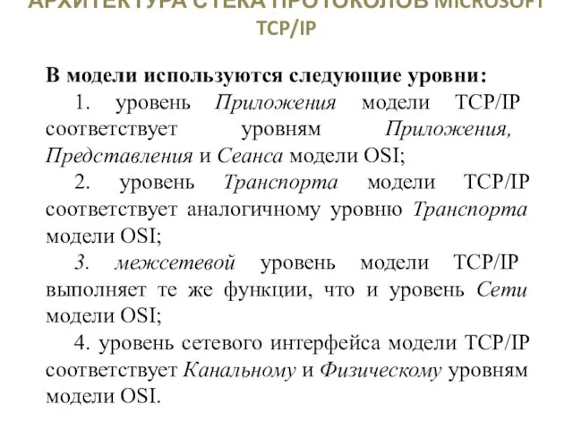 АРХИТЕКТУРА СТЕКА ПРОТОКОЛОВ MICROSOFT TCP/IP В модели используются следующие уровни: 1.