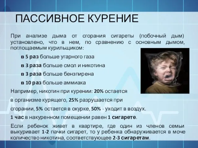 ПАССИВНОЕ КУРЕНИЕ При анализе дыма от сгорания сигареты (побочный дым) установлено,