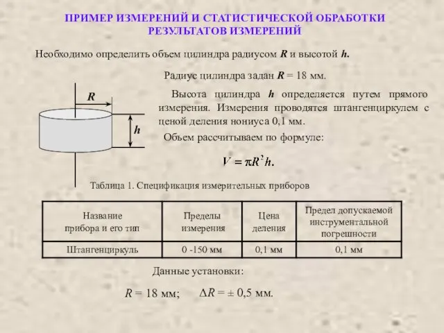 ПРИМЕР ИЗМЕРЕНИЙ И СТАТИСТИЧЕСКОЙ ОБРАБОТКИ РЕЗУЛЬТАТОВ ИЗМЕРЕНИЙ Необходимо определить объем цилиндра