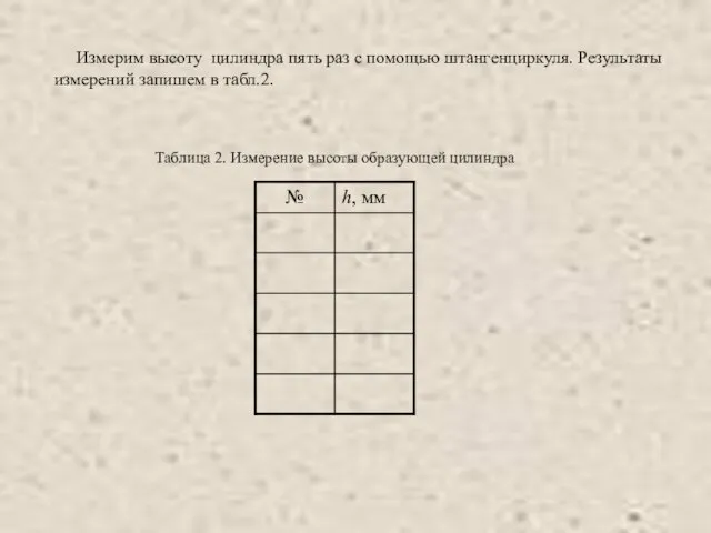 Измерим высоту цилиндра пять раз с помощью штангенциркуля. Результаты измерений запишем