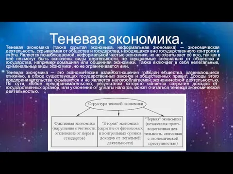 Теневая экономика. Теневая экономика (также скрытая экономика, неформальная экономика) — экономическая