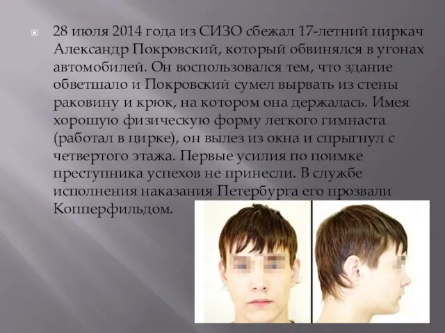 28 июля 2014 года из СИЗО сбежал 17-летний циркач Александр Покровский,