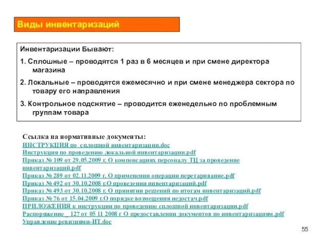 Виды инвентаризаций Инвентаризации Бывают: 1. Сплошные – проводятся 1 раз в