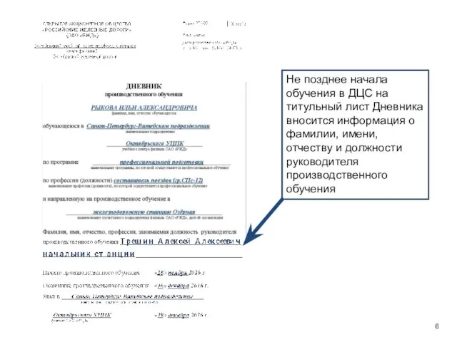 Не позднее начала обучения в ДЦС на титульный лист Дневника вносится