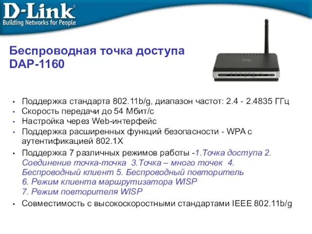 Беcпроводная точка доступа DAP-1160 Поддержка стандарта 802.11b/g, диапазон частот: 2.4 -