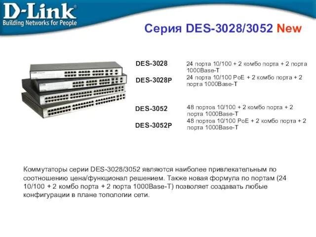 Серия DES-3028/3052 New DES-3028 DES-3028P 24 порта 10/100 + 2 комбо