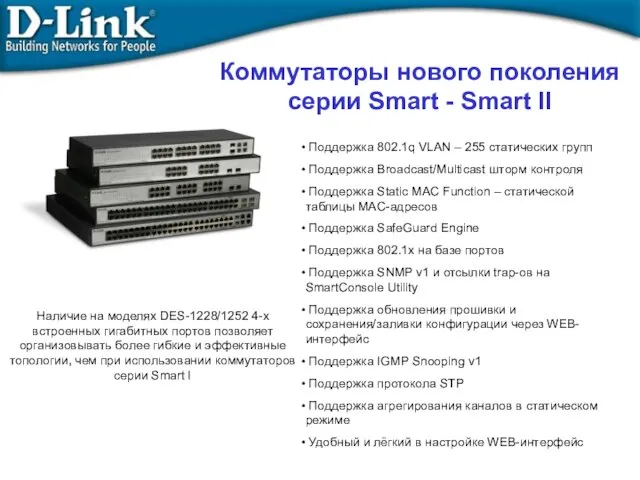 Коммутаторы нового поколения серии Smart - Smart II Поддержка 802.1q VLAN