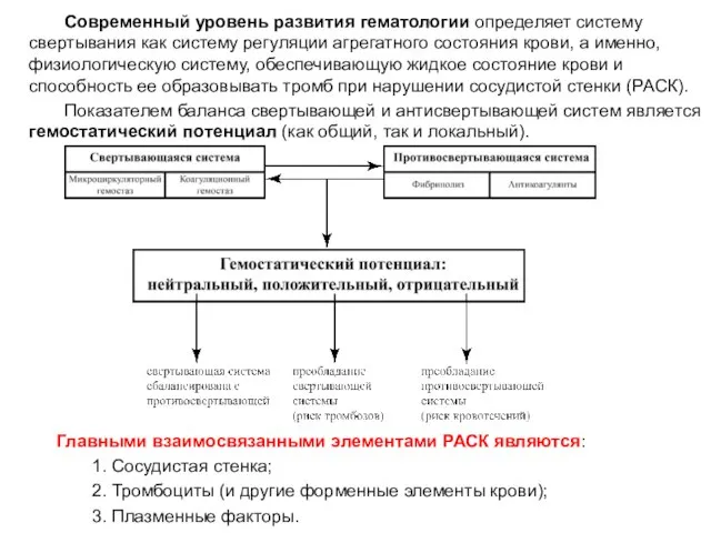 Современный уровень развития гематологии определяет систему свертывания как систему регуляции агрегатного