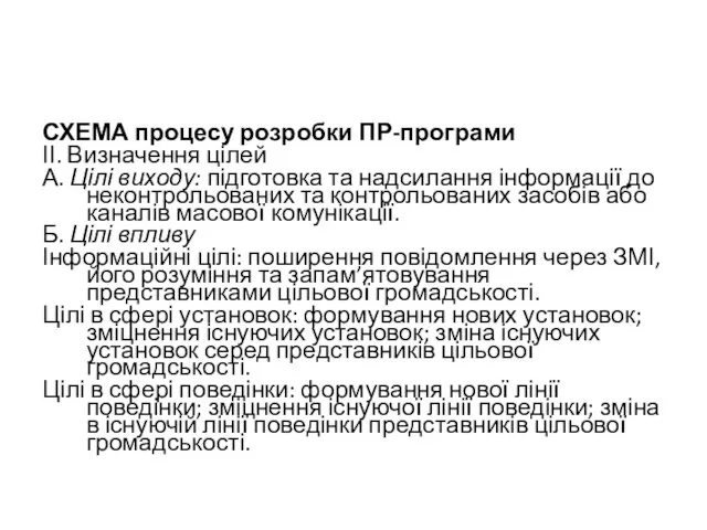 СХЕМА процесу розробки ПР-програми ІІ. Визначення цілей А. Цілі виходу: підготовка