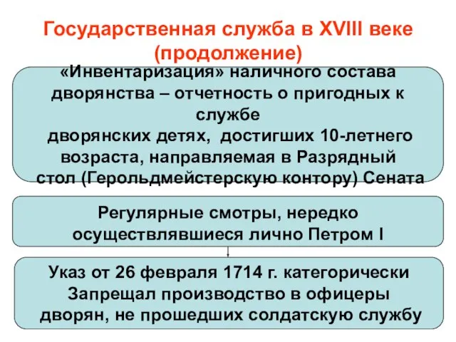 Государственная служба в XVIII веке (продолжение) Регулярные смотры, нередко осуществлявшиеся лично