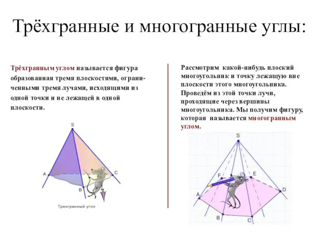 Трёхгранные и многогранные углы: Трёхгранным углом называется фигура образованная тремя плоскостями,