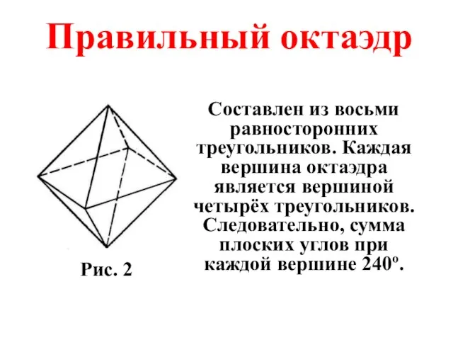 Составлен из восьми равносторонних треугольников. Каждая вершина октаэдра является вершиной четырёх